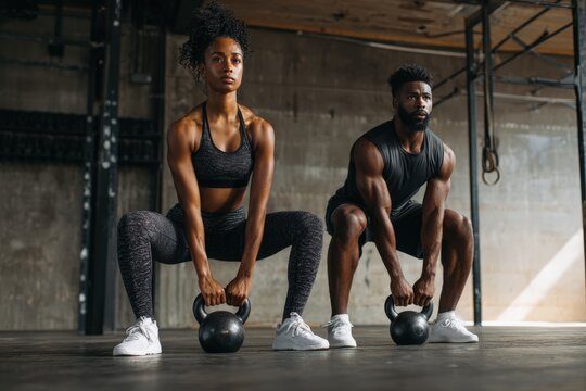 A man and a woman are engaged in squatting with kettlebells in a gymnasium