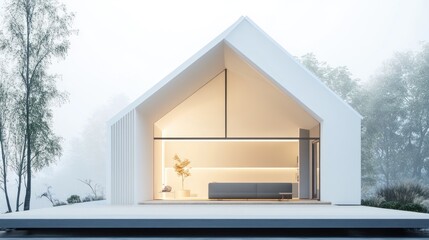 Modern white house with a spacious open-plan living area, seen through a large glass window.