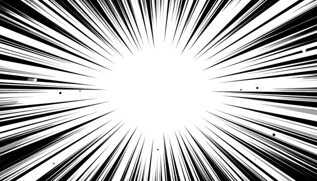 A dynamic graphic with black speed lines emanating from a central white circular shape, creating a sense of movement - Powered by Adobe