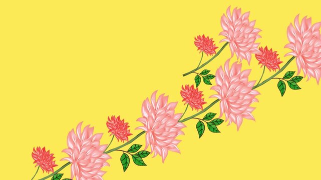 draw series of pink flower decorate with green leaf and tiny red flower on yellow screen background
