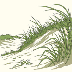 Obraz premium Illustration of a sandy dune with green dune grass, creating a serene coastal scene, perfect for naturethemed designs