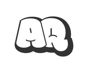 AQ logo, bubble comic lettering, rounded in graffiti style black and white silhouette. Trendy preschool A and Q letter text for festival party, personal initials, children funky print and web.