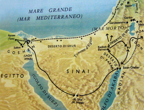 The route of the Exodus of the Israelites from Egypt to the Land of Canaan, as recounted in the Old Testament. Vintage biblical map.