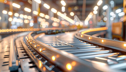 Conveyor Belt Assembly Line: A modern assembly line with a conveyor belt system, showcasing the precision of a manufacturing facility. Captured with sharp focus and strategic lighting.