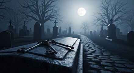 Mysterious Cemetery Path Under a Full Moon