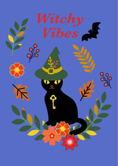 Vector illustration of a black cat in a witch hat surrounded by autumn flowers, leaves, and magical elements. Bright seasonal composition suitable for greeting cards, printables, and decorative use