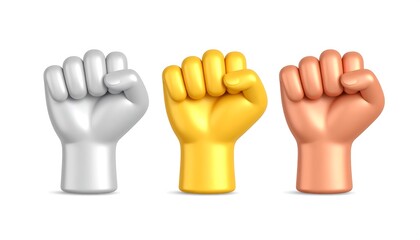 Three Colored 3D Fists Representing Strength, Solidarity, and Agreement