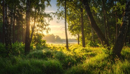 Sunlit forest scene showcasing vibrant trees and lush green meadow