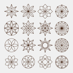 Collection of sixteen geometric star and floral line art designs in brown on a light gray background