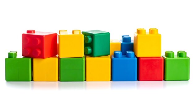 A close-up shot of a stack of colorful, plastic building blocks. The bricks are brightly colored with multiple colors and arranged in a haphazard pile
