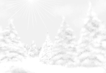 Beautiful winter background. Black and white image of fir trees in the snow. Vector illustration.