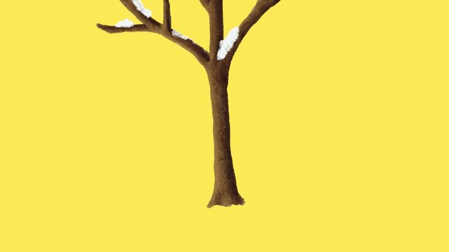 draw leafless tree of purple flower decorate with green leaf on yellow screen background
