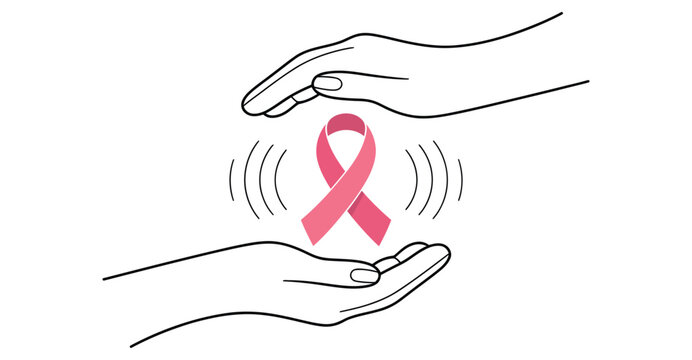 Breast cancer awareness ribbon with protective hands – pink symbol of care, support, advocacy, and solidarity in health and wellness design