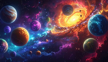 Naklejka premium Vibrant and Colorful Illustration of Planets, Nebulae, and Space