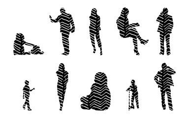 Vector illustration, Outline silhouettes of people, Contour drawing, people silhouette, Icon Set Isolated , Silhouette of sitting people, Architectural set