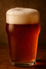 Cold amber beer with foam head in pint glass on warm background