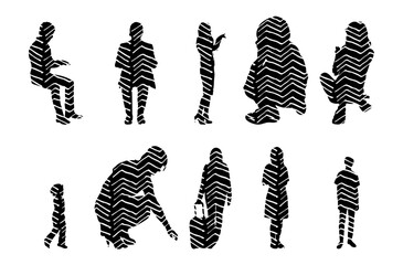 Vector illustration, Outline silhouettes of people, Contour drawing, people silhouette, Icon Set Isolated , Silhouette of sitting people, Architectural set