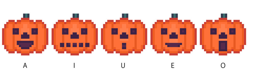 Pixel illustration of pumpkin heads with mouth shapes of 5 vowels