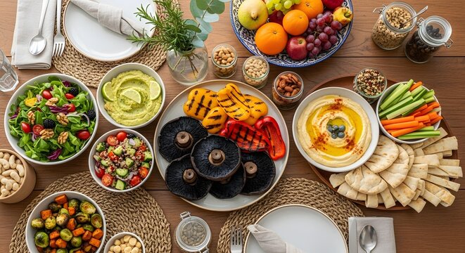 Vegan Feast Spread, Colorful Plant-Based Dishes and Sustainable Dining