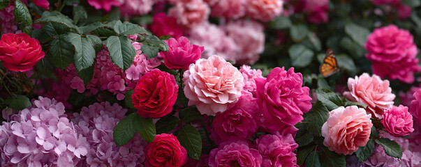 Lush floral background showcasing a vibrant mix of pink, red roses and hydrangea blossoms. Perfect for themes of beauty, romance, nature, and elegance.