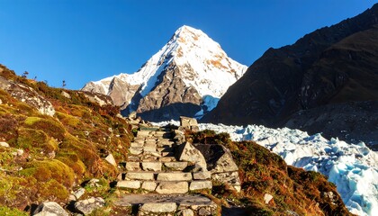Stone Stairway Leading to a Majestic Mountain Peak in Clear Sky