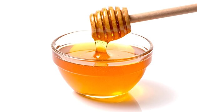 A close-up shot of golden liquid honey dripping from a wooden dipper into a clear glass bowl, isolated on a white background
