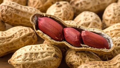 A close-up shot of shelled peanuts and peanuts in the shell showing the textures and colors of the legumes