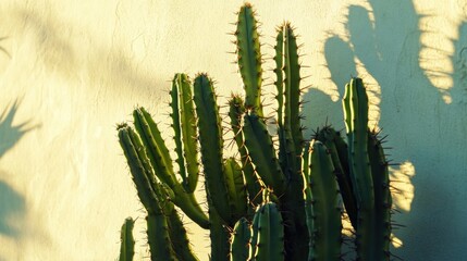 Cactus plant with spiky textured stems against a light cream-colored wall, sunlit shadows.