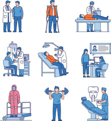 Medical healthcare illustration set with doctors, patients, hospital treatment, diagnostics, consultation, rehabilitation, dentistry, telemedicine, 