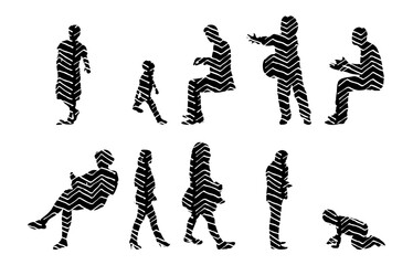 Vector illustration, Outline silhouettes of people, Contour drawing, people silhouette, Icon Set Isolated , Silhouette of sitting people, Architectural set