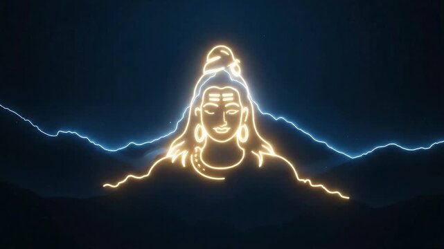 Lord Shiva Neon Glow Animation with Trishul and Mountains, Hindu God.