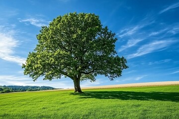 Majestic tree stands strong in vibrant green field under summer sky