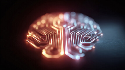 Abstract tech imagery shows a glowing brainshaped circuit board. Represents innovation, artificial intelligence, machine learning, and the future of technology.