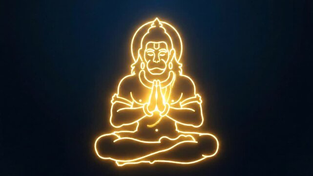 Glowing Neon Lord Hanuman Meditating Animation Loop.