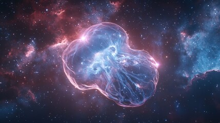 Celestial jellyfish nebula, vibrant colors, cosmic dust, star-filled space.
