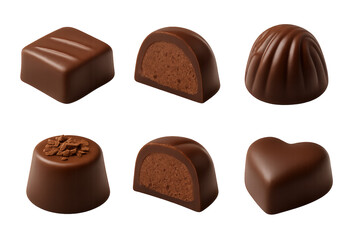 Obraz premium Assorted glossy chocolate pralines, six pieces in two rows with varied shapes and fillings
