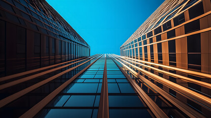 Fototapeta premium A low-angle abstract perspective of a modern office building extending toward the sky.