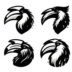 Collection of four stylized hornbill bird head profiles with black and white color scheme illustration