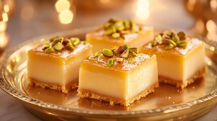 Delicious dessert squares topped with pistachios on an ornate golden plate with warm ambiance