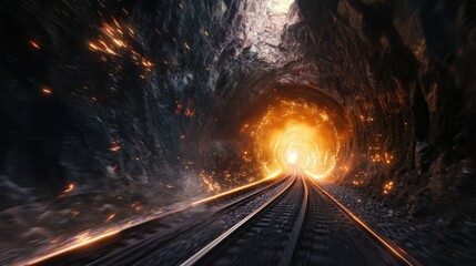 Fiery tunnel, glowing exit, train tracks.
