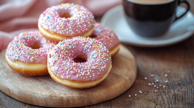 Pink donuts with colorful sprinkles on a wooden board, next to a cup of coffee.
Useful for cooking blogs, café advertising, and articles about desserts.