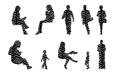 Vector illustration, Outline silhouettes of people, Contour drawing, people silhouette, Icon Set Isolated , Silhouette of sitting people, Architectural set
