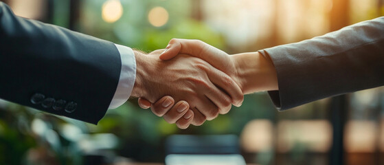 A handshake in a business setting, sunlight in the office — emphasizes the theme of partnership and successful negotiations.