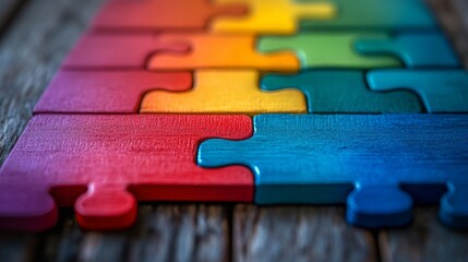 Bright wooden puzzles on the table symbolize the development of logic and creativity, useful for educational materials and children's projects.