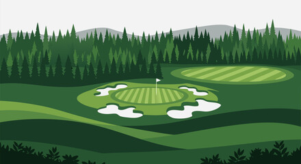 Scenic golf course illustration with lush green fairways, sand bunkers, and a backdrop of dense forest and majestic mountains, ideal for nature and sports-related designs