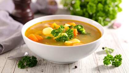 A close-up shot showcases a white bowl filled with vibrant, colorful vegetable soup, garnished with fresh parsley, on a light wooden surface