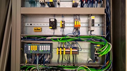 Closeup of electric circuit board inside control panel with labeled wires and components