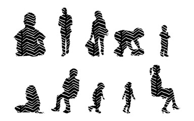 Vector illustration, Outline silhouettes of people, Contour drawing, people silhouette, Icon Set Isolated , Silhouette of sitting people, Architectural set