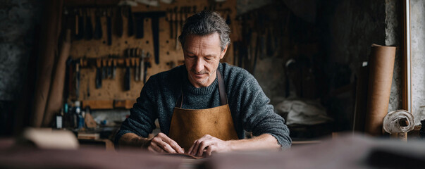 Artisan crafting leather goods in his workshop, conveying expertise  tradition. Ideal for themes of handmade quality, skill, or craftsmanship.