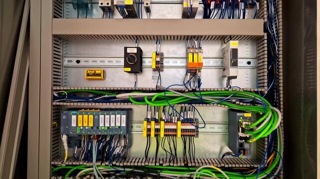 Closeup of electric circuit board inside control panel with labeled wires and components